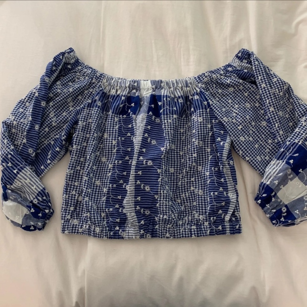 Blue & White Embroidered Off the Shoulder Blouse